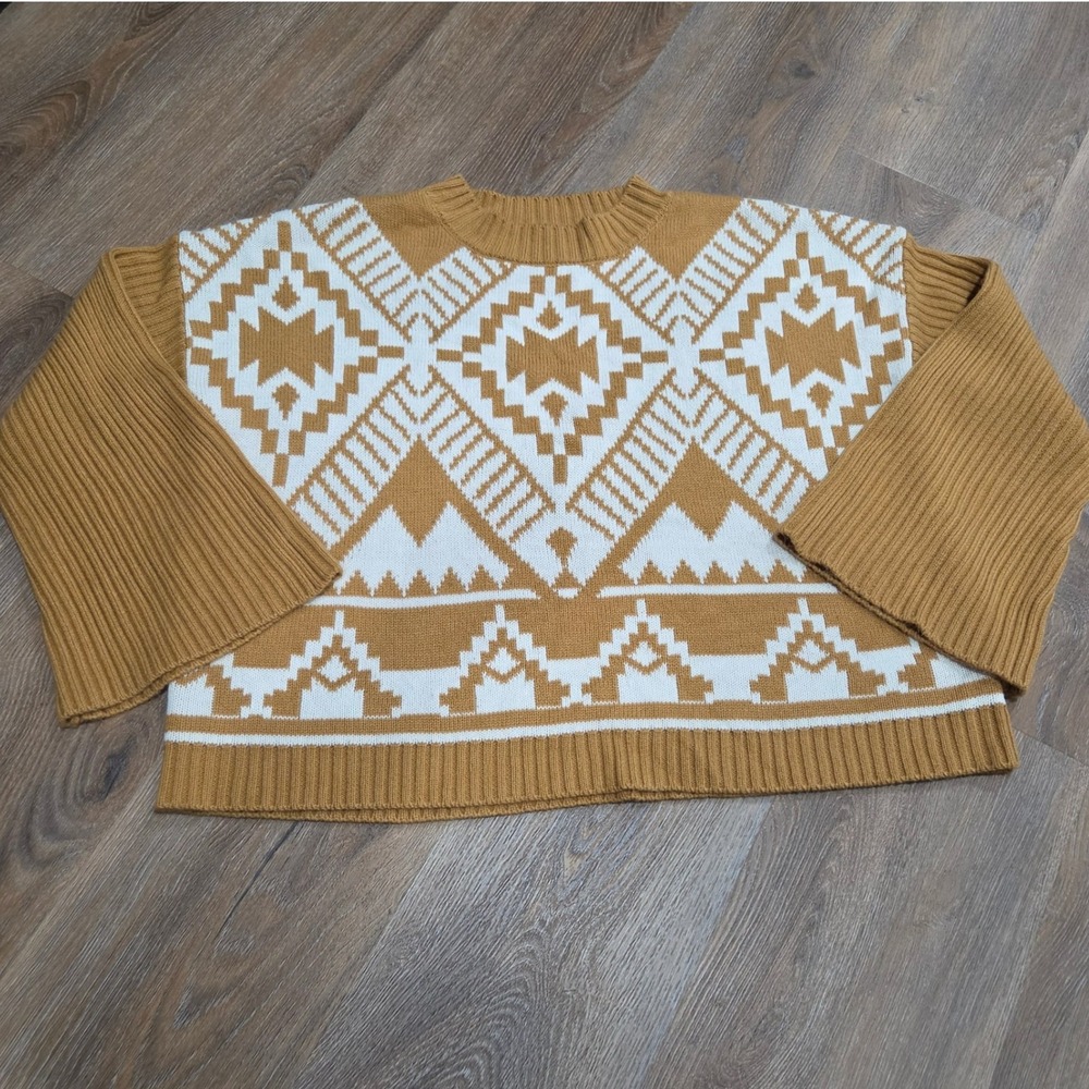 Wrangler Retro Southwestern Geometric Knit Bell Sleeve Sweater Mustard Yellow M